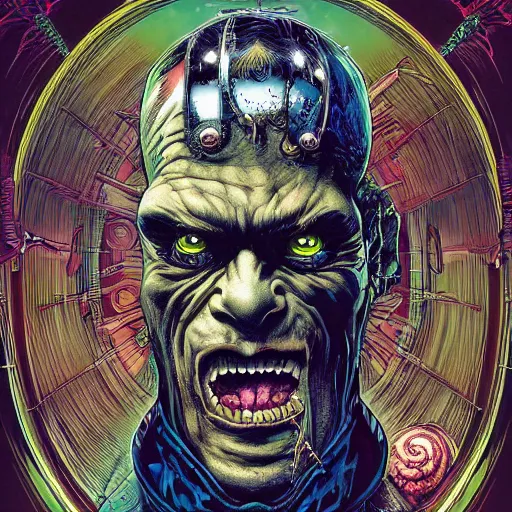 Image similar to portrait of crazy frankenstein, symmetrical, by yoichi hatakenaka, masamune shirow, josan gonzales and dan mumford, ayami kojima, takato yamamoto, barclay shaw, karol bak, yukito kishiro