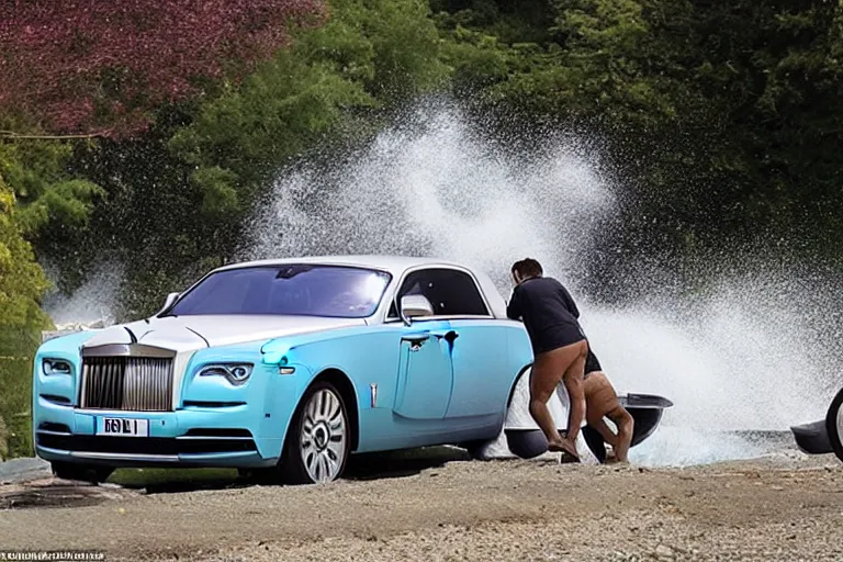 Image similar to Teenagers push Rolls-Royce into lake with their hands from a small slide wanting to drown him