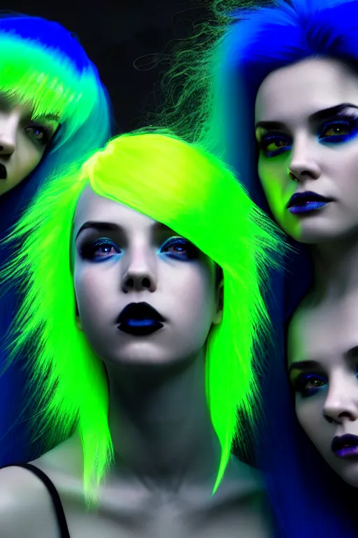 Prompt: 3 gorgeous young females with perfect skin made from smooth black silk, glowing neon energized blue hair, green hair, and yellow hair, conceptual character design, unreal engine 5, hyper - realistic, full body shot, wide angle, sharp focus, 8 k high definition, award - winning cgi realism, by kilian eng artstation