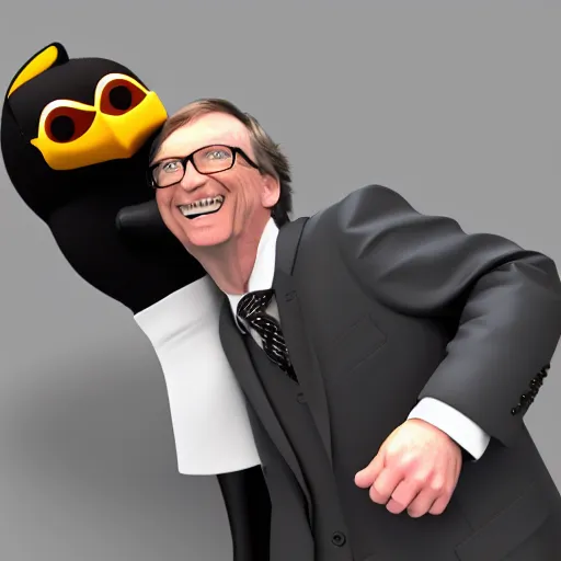 Image similar to Linux Tux strangling Bill Gates, 8k ultra HD, realistic 3D render, CGsociety, Artstation trending, CGI, choking Bill Gates, stranglehold