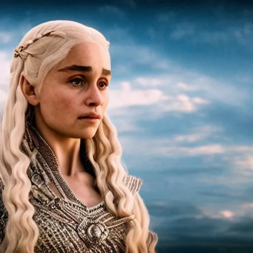 Image similar to khaleesi as a goddess in heaven, piercing eyes, highly detailed, 8k, hd, cinematic