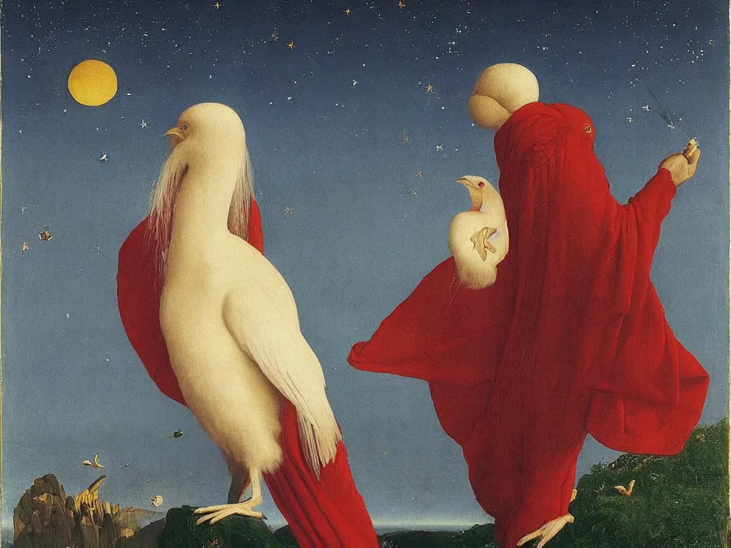 Image similar to albino mystic, with his back turned, looking in the distance at the night sky with stars over the ocean with beautiful exotic bird. Painting by Jan van Eyck, Audubon, Rene Magritte, Agnes Pelton, Max Ernst, Walton Ford