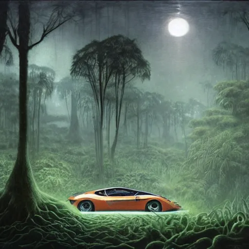 Image similar to a hyperrealistic painting of an exotic sports car in the middle of an alien jungle, bioluminescent plants, by john kenn mortensen and zdzislaw beksinski, highly detailed, vivid color,