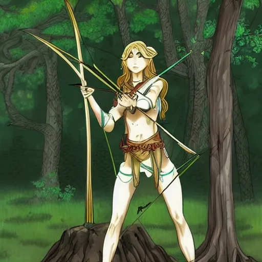 Image similar to female elven archer in forest, manga line art style