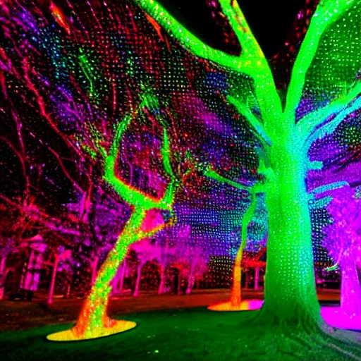 Prompt: hyper - realistic psychedelic tree with neons and lasers