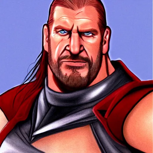 Prompt: Head-to-shoulder shot of Triple H as a Disney character wearing his in-ring gear, Disney, cartoon, Disney style, 2d, drawn image, beautifully drawn, Disney 2d animation still, digital 2D animation, traditional animation, Disney style, Disney animation, Deviantart, very coherent symmetrical artwork