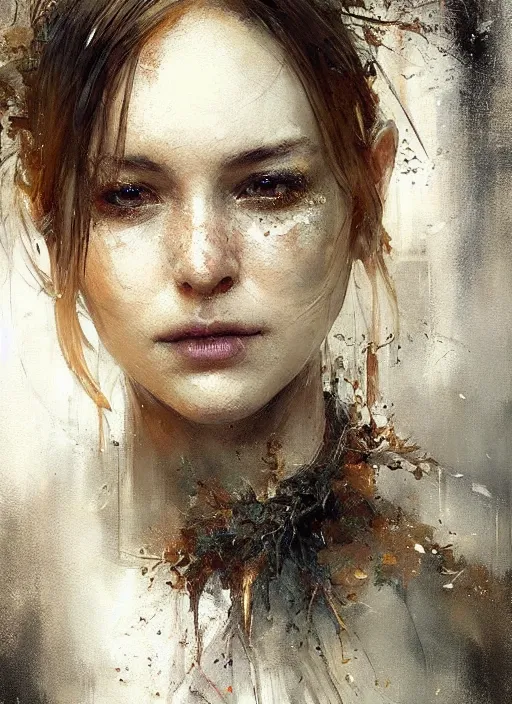 Image similar to golden leaves, beautiful portrait painting by jeremy mann, a female witch absurdly beautiful, elegant, ultrafine hyperrealistic detailed face illustration by wlop and artgerm and greg rutkowski, intricate linework, sharp focus, smooth, octopath traveler, final fantasy, unreal engine, dramatic lighting, ethereal, 8 k