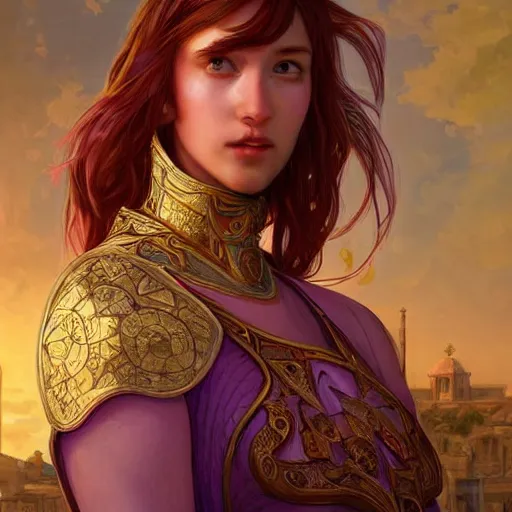 Image similar to portrait knights of Zodiac girl, metalic pink and pastel purple reflected armor, in ruined Agora of Athens sunrise, ssci-fi, fantasy, intricate, very very beautiful, elegant, golden light, highly detailed, digital painting, artstation, concept art, smooth, sharp focus, illustration, art by tian zi and WLOP and alphonse mucha