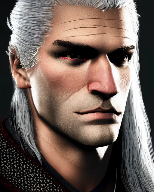 Image similar to portrait of geralt of rivia, 5 5 mm lens, professional photograph, times magazine, serious, stern look, zoomed out