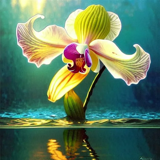 Image similar to detailed giant orchid flower surrounded by ocean wave, water, ripples, transparent droplets, backlit, sunset, refracted lighting, art by collier, albert aublet, krenz cushart, artem demura, alphonse mucha