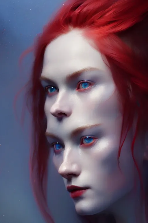 Image similar to portrait of a beautiful nordic woman, red eyes, blue haired, extremely detailed digital painting, in the style of fenghua zhong and ruan jia and jeremy lipking and peter mohrbacher, mystical colors, rim light, beautiful lighting, 8 k, stunning scene, raytracing, octane, trending on artstation