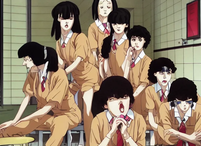 Image similar to screenshot from 8 0's horror guro anime, yellowed grainy noisy vhs footage, few schoolgirls trapped in a bathroom, stalls and sinks and tiled floor, sad scared girls are in beige sailor school uniforms, sitting on the floor, yelling at one another, detailed expressive faces, various hair colors and styles, expressive beautiful eyes in the style of ghibli,