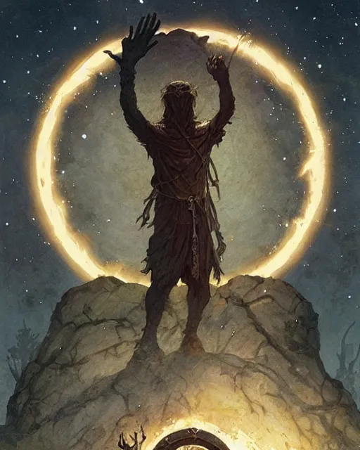 Image similar to a druid standing in a circle at the beginning of the world by greg rutkowski and frank frazetta and peter mohrbacher and william blake and dan mumford