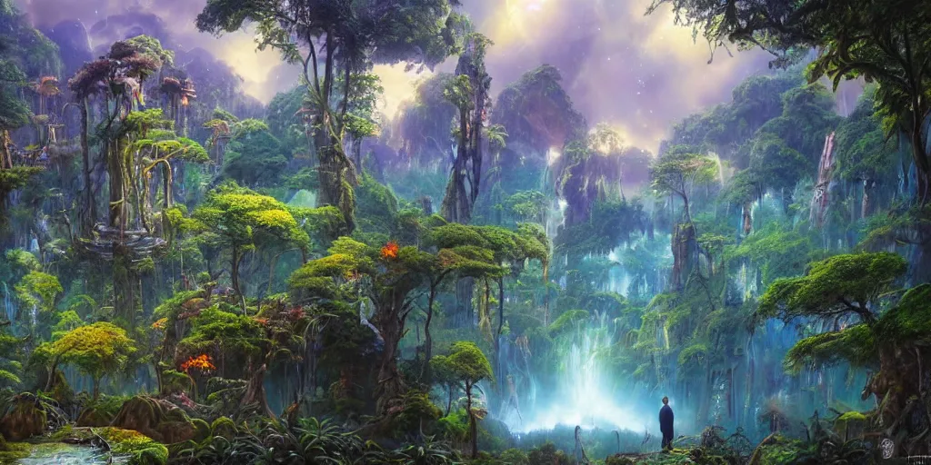 Prompt: balanced masterpiece, fairytale, sci - fi city, mystical lake, monolithic temple, interstellar infinity portal, rainforest mountains, lush plants flowers, epic natural light, bright clouds, luminous sky, outer worlds, bright cinematic lighting, esao andrews, michael cheval, michael whelan, airbrush digital nouveau oil painting, vray, 8 k hd