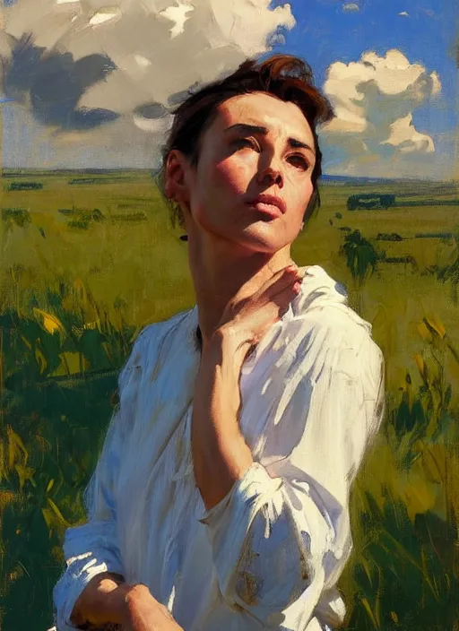 Image similar to Greg Manchess painting of Jules, countryside, calm, fantasy character portrait, dynamic pose, above view, sunny day, thunder clouds in the sky, artwork by Jeremy Lipkin and Giuseppe Dangelico Pino and Michael Garmash and Rob Rey, very coherent asymmetrical artwork, sharp edges, perfect face, simple form, 100mm