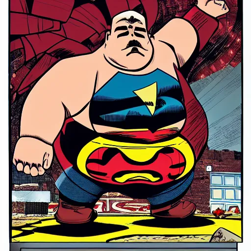 Prompt: A fat man with a fade haircut and a mustache as a comic book hero fighting off evil,, 4k, comic book cover