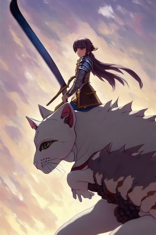 Prompt: a full body of the female knight riding a giant cat with gigantic sword, finely detailed features, closeup at the faces, perfect art, gapmoe yandere grimdark, trending on pixiv fanbox, painted by miura kentaro greg rutkowski makoto shinkai takashi takeuchi studio ghibli, akihiko yoshida