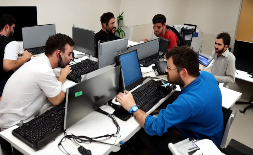 Image similar to Tech support helping the italian mob with their computers, candid