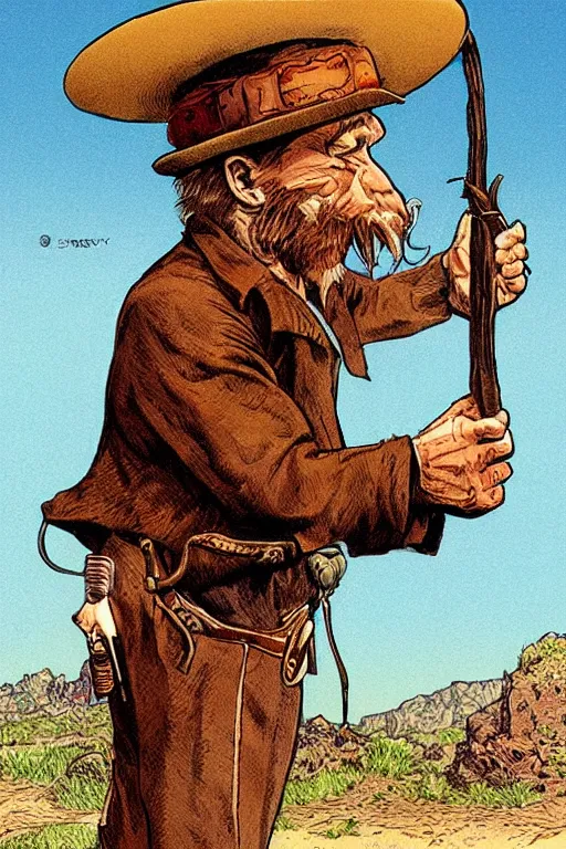 Prompt: Mr Rabbit dressed as an old west prospector. concept art by James Gurney and Mœbius.