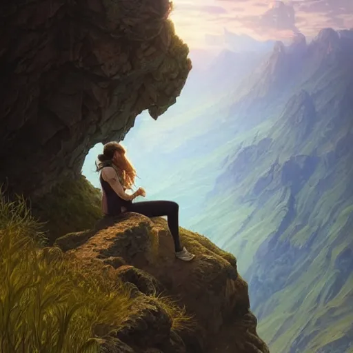 Prompt: a girl sitting on the edge of a mountain, looking at the distance, epic scale, alien landscape, intricate, headshot, highly detailed, digital painting, artstation, concept art, sharp focus, cinematic lighting, illustration, art by artgerm and greg rutkowski, alphonse mucha, cgsociety