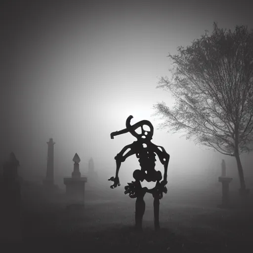 Image similar to A Skelton dancing in a grave yard, gloomy, dark, night time, foggy, dark colored, atmospheric