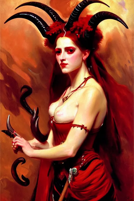 Image similar to painted close - up portrait of a attractive red - skinned intimidating demon girl with ram horns! oil painting, wearing a noblewoman's outfit, fantasy art by john singer sargent and gaston bussiere and james jean, demon noble character design, hd