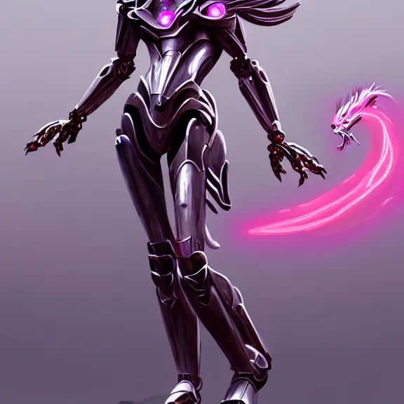 Image similar to extremely detailed giantess shot of a goddess that's a giant beautiful stunning anthropomorphic robot female dragon, standing majestically on a mountain, elegant pose, robot dragon claws, streamlined shiny silver metal armor, fuchsia skin, detailed sharp metal claws, sleek thick robot legs, long elegant tail, detailed warframe fanart, destiny fanart, high quality digital art, giantess art, furry art, warframe art, Destiny art, furaffinity, DeviantArt, artstation, 8k HD, octane render