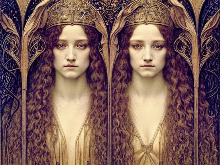 Image similar to detailed realistic beautiful young medieval queen face portrait by jean delville, gustave dore and marco mazzoni, art nouveau, symbolist, visionary, gothic, pre - raphaelite. horizontal symmetry