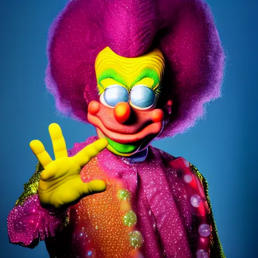 Image similar to uhd candid photo of cosmic krusty the clown, glowing, global illumination, studio lighting, radiant light, detailed, correct face, elaborate intricate costume. photo by annie leibowitz