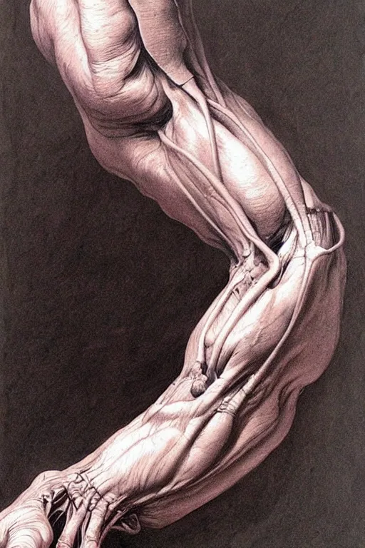 Prompt: human forearm artists anatomy in the style of wayne barlowe, gustav moreau, goward, bussiere, roberto ferri, santiago caruso, luis ricardo falero, dali