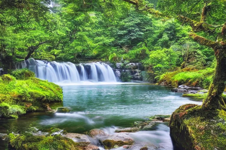 Prompt: a beautiful scene of a serene lake surrounded by trees, waterfalls flowing in between the trees, birds flying above, detailed realistic art