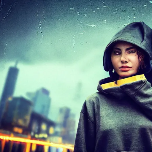 Image similar to dark future cyberpunk steampunk city woman wearing headphones short hair funky haircut wearing a hoodie with a rainy city in the background cloudy sky