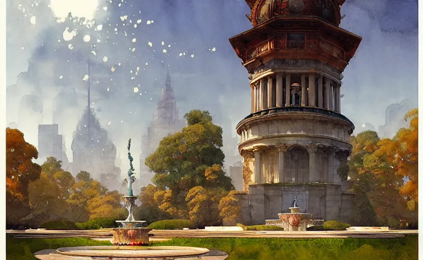 Prompt: neoclassical tower with dome on the forest next to a fountain. intricate, centered, amazing composition, colorful watercolor, by ruan jia, by maxfield parrish, by marc simonetti, by hikari shimoda, by robert hubert, by zhang kechun, illustration, gloomy