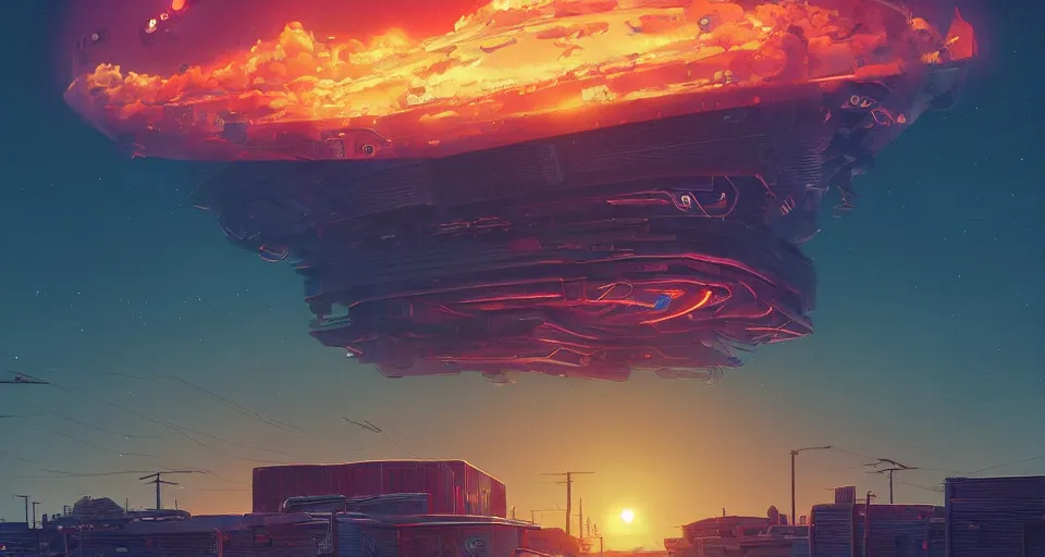 Image similar to GIANT ROBOT MOTHERSHIP looming in the distance, large sunset, cinematic, rendered by simon stålenhag, rendered by Beeple, Makoto Shinkai, syd meade, environment concept, digital art, unreal engine, 3 point perspective, WLOP, trending on artstation, low level, 4K UHD image, octane render,