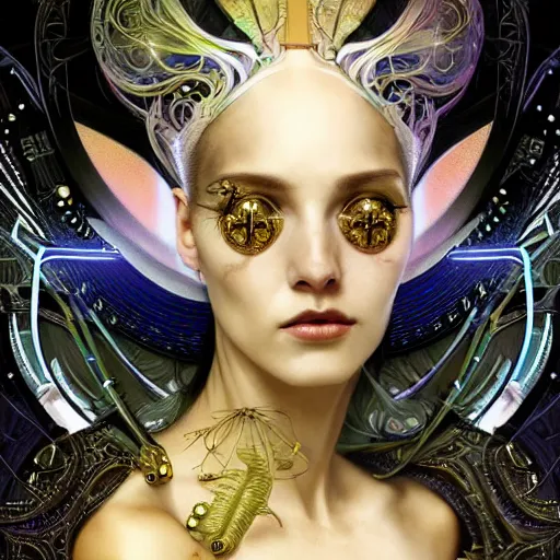 Image similar to extremely psychedelic beautiful cyborg queen of lsd infected by night. intricate, elegant, highly detailed, extremely lifelike photorealistic digital painting, artstation. steichen, gaston bussiere, tom bagshaw, cyberpunk alphonse mucha. elegant minimalism. anatomically correct. sultry. sharp focus. gold and black, white accents. melancholic. lifelike