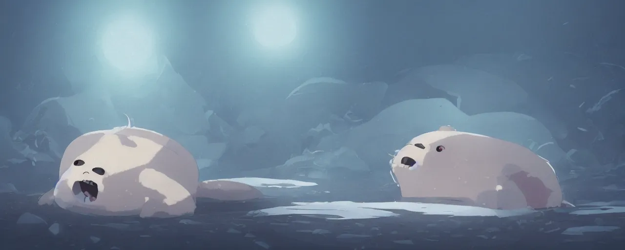 Prompt: a baby harp seal skeleton decomposing on the bottom of the arctic ocean, atey ghailan, goro fujita, studio ghibli, rim light, dark lighting, clear focus, very coherent,