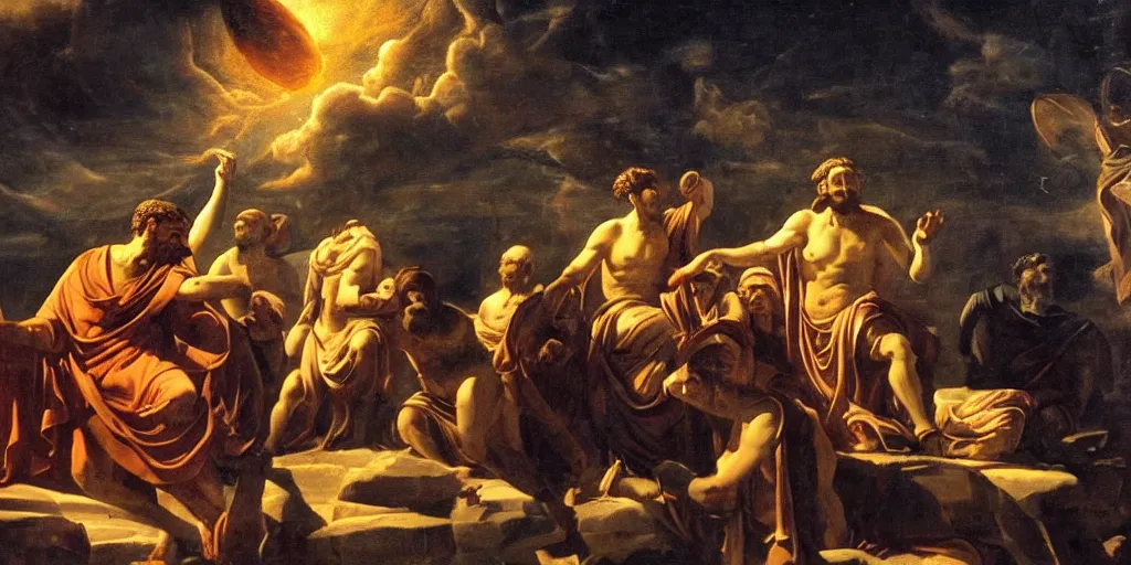 Prompt: a roman emperor using magic to create a void leading to the universe on the sky of roma, chiaroscuro, great compositions, perfect painting rules, beautiful lighting, insanely detailed