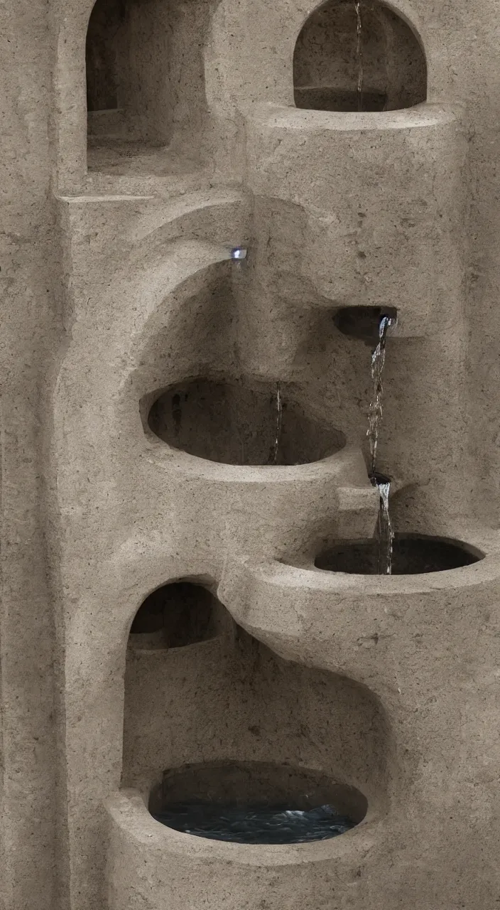 Image similar to a stream of water entering into a machine made from clay amphoras and producing a coin, in the style of a Carlo Scarpa fountain, architectural photograph , isometric views, infrastructure, kidneys, marble texture , 8k