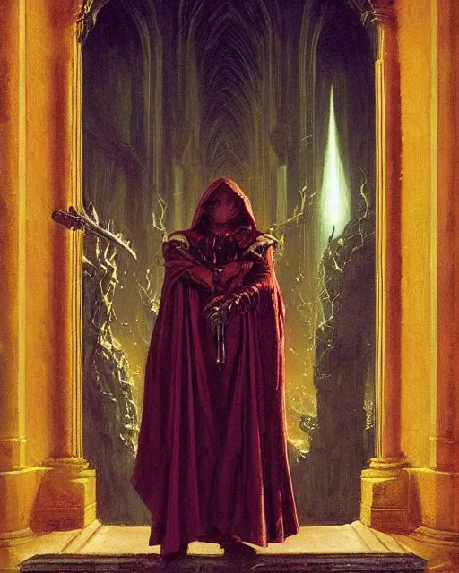 Prompt: A dark mage. He is wearing mage armor and a crown. He is frowning seriously. He is preparing to cast a dark spell. He is standing in a wizards room. Award winning realistic oil painting by Thomas Cole and Wayne Barlowe