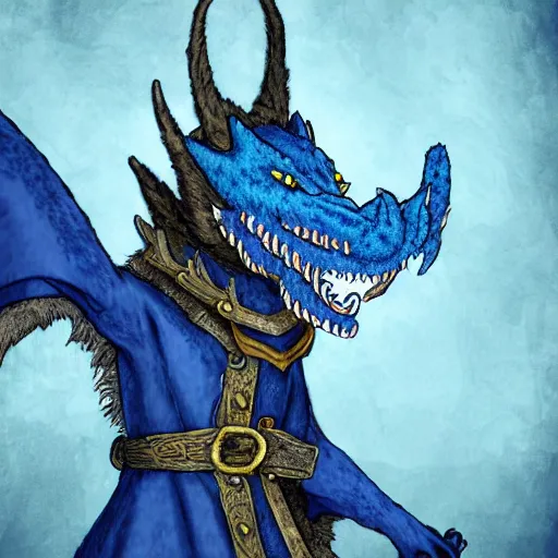 Image similar to an anthropomorphic furry blue dragon with scales like ice wearing medieval clothing