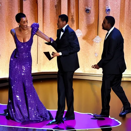 Prompt: will smith standing on stage at the oscars slapping chris rock as hard as he can by wayne barlowe blue green purple color palette very detailed clear focus