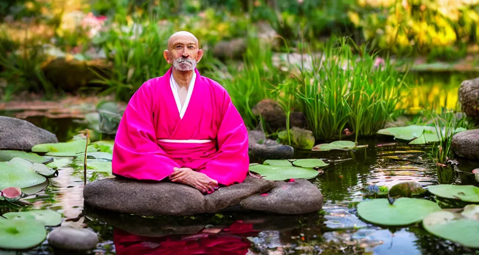 Prompt: bokeh lens photo behind a zen master wearing a beautiful pink and red kimono quietly sitting in a rock garden overlooking a pond of lilly pads during a sublime sunrise, one sun, his dark silhouette completely obscured by bokeh, colorful masterpiece photography, atmospheric, fog, morning dew,
