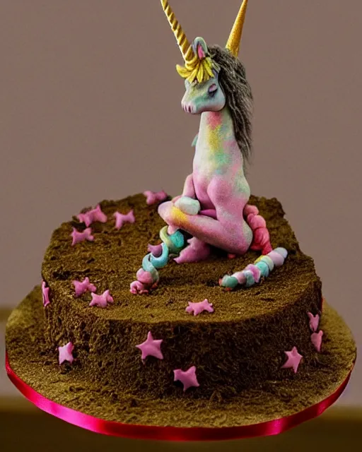 Prompt: photo of a childrens birthday cake scary unicorn designed by beksinski, bokeh