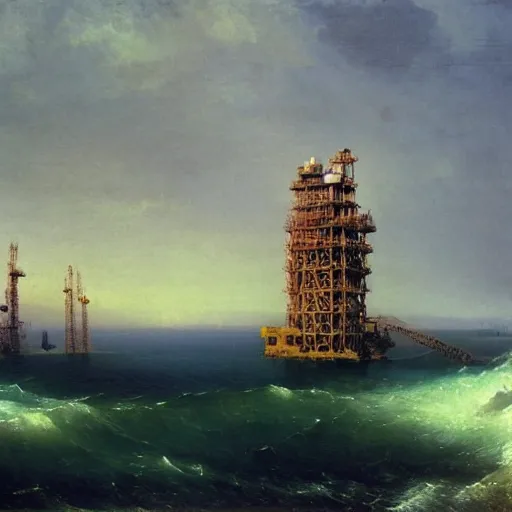 Image similar to post apocalyptic oil rig by aivazovsky, oil on canvas, highly detailed, masterpiece painting