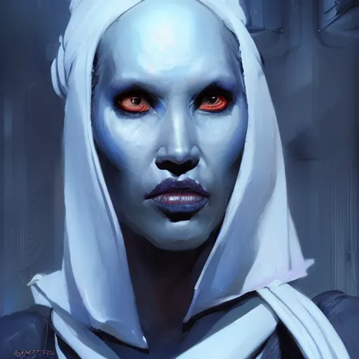 Image similar to portrait of a female Twi'lek by Greg Rutkowski, blue skin, she is about 30 years old, wearing black sith uniform, Star Wars Expanded Universe, highly detailed portrait, digital painting, artstation, concept art, smooth, sharp foccus ilustration, Artstation HQ