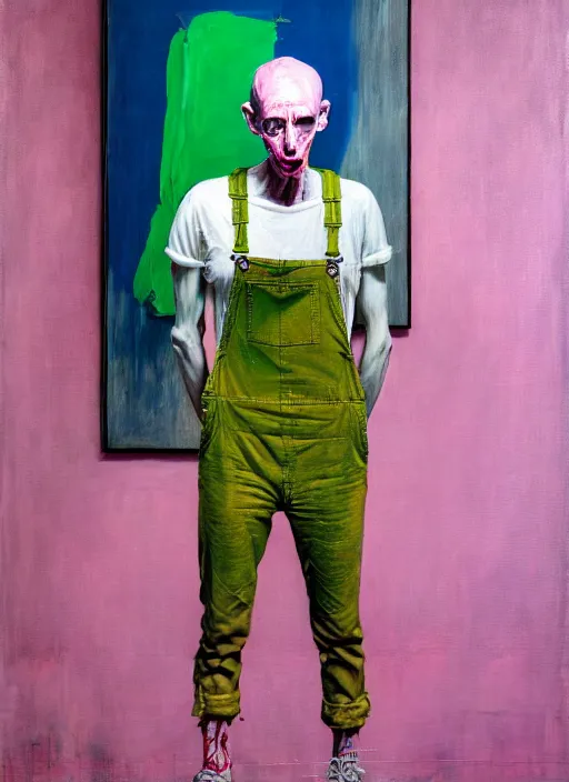 Image similar to an insane, skinny, artist wearing overalls, expressive painting the walls inside a grand messy studio, depth of field, hauntingly surreal, highly detailed painting by francis bacon, edward hopper, adrian ghenie, glenn brown, and james jean, soft light 4 k in pink, green and blue colour palette, cinematic composition,