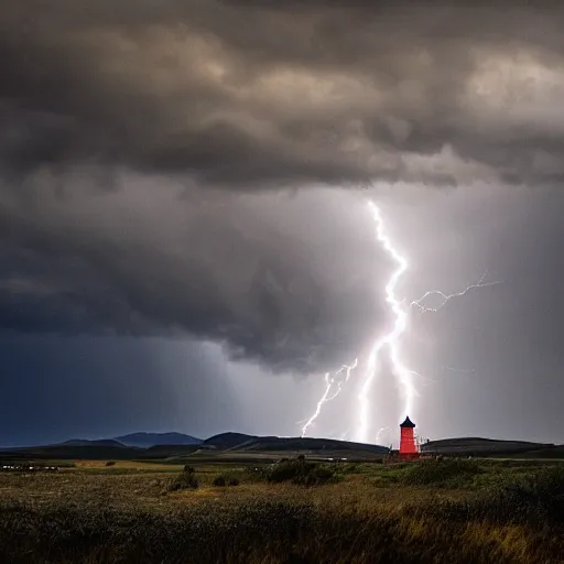 Prompt: a lighthouse upon a mountain top near a grey valley with dark clouds and heavy rain, lightning on the horizon