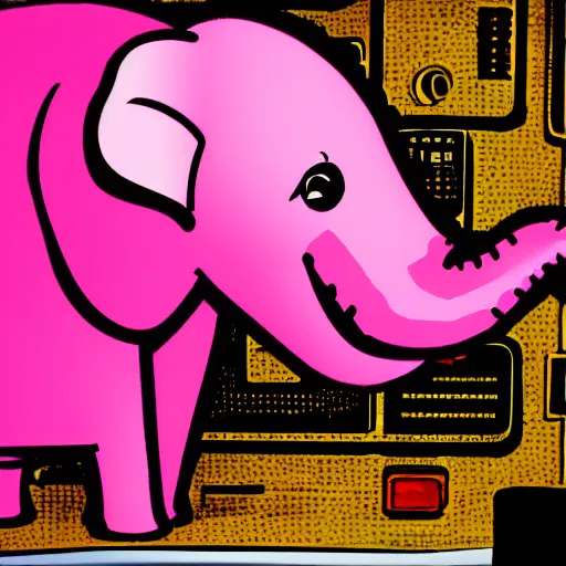 Prompt: a antropomorphic pink elephant operating a retrofuturistic computer in the middle of the matrix