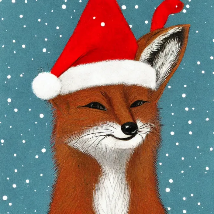 Prompt: a cute fox wearing a christmas hat by koson ohara