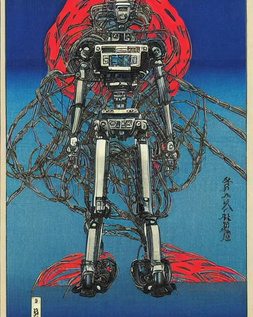 Prompt: Hiroshige portrait of a robot saint made of cables and robotic pod by Marc Silvestri